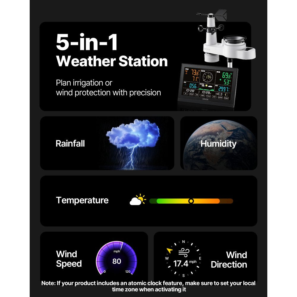 VEVOR 5-in-1 Wireless Weather Station, 7.5-Inch VA Display, Solar Powered Outdoor Sensor, Rain Gauge, Indoor Outdoor