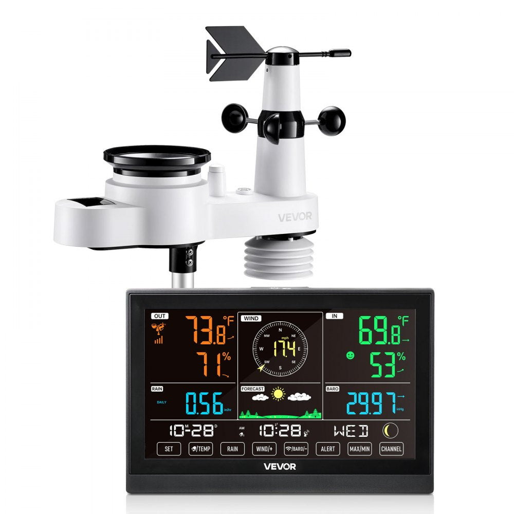 VEVOR 5-in-1 Wireless Weather Station, 7.5-Inch VA Display, Solar Powered Outdoor Sensor, Rain Gauge, Indoor Outdoor