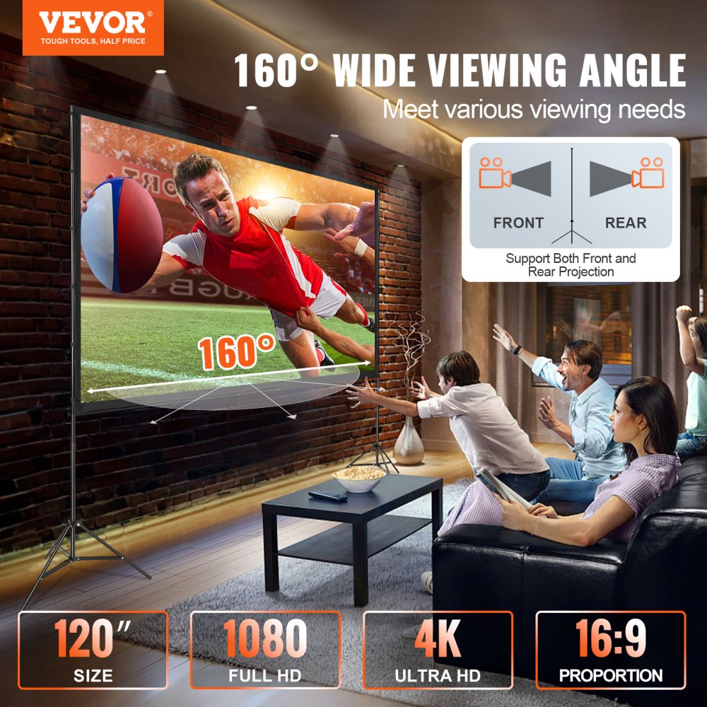 VEVOR Projector Screen with Stand, 120 inch 16:9 4K 1080 HD Outdoor Movie Screen with Stand, Wrinkle-Free Projection