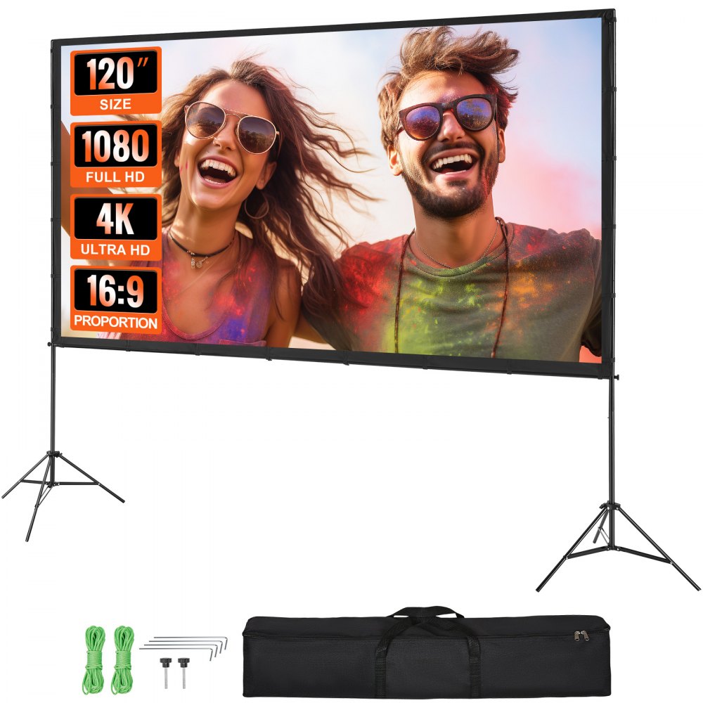 VEVOR Projector Screen with Stand, 120 inch 16:9 4K 1080 HD Outdoor Movie Screen with Stand, Wrinkle-Free Projection
