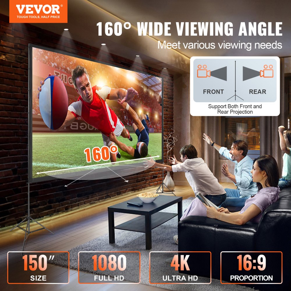 VEVOR Projector Screen with Stand, 150 inch 16:9 4K 1080 HD Outdoor Movie Screen with Stand, Wrinkle-Free Projection