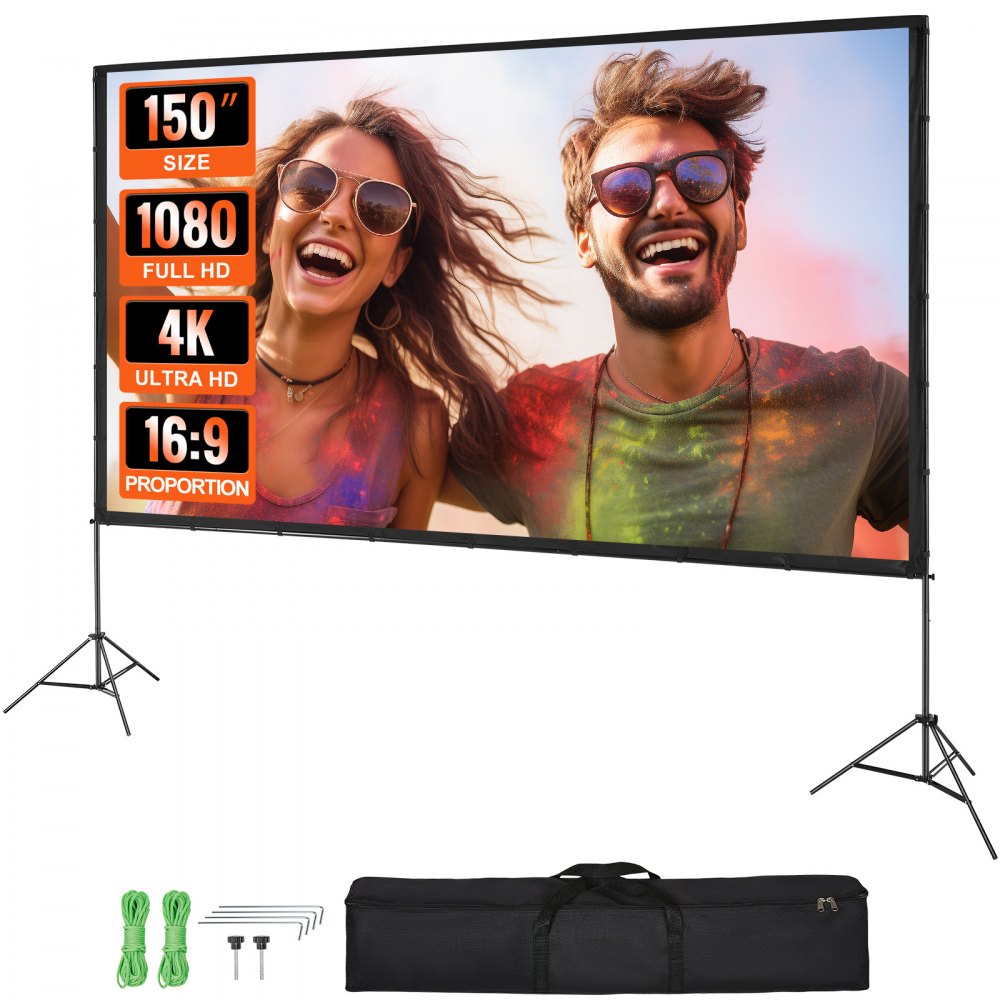 VEVOR Projector Screen with Stand, 150 inch 16:9 4K 1080 HD Outdoor Movie Screen with Stand, Wrinkle-Free Projection