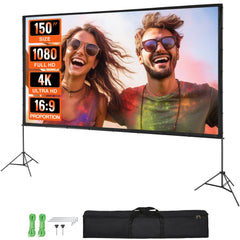 VEVOR Projector Screen with Stand, 150 inch 16:9 4K 1080 HD Outdoor Movie Screen with Stand, Wrinkle-Free Projection