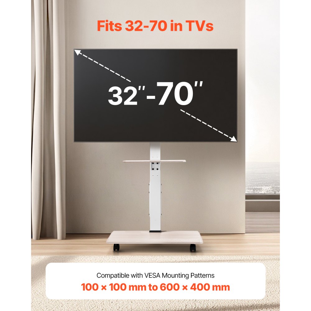 VEVOR Rolling TV Stand, Mobile TV Cart for 32-70 Inch Screens, 25° Left-Right Rotation and Height Adjustable TV Mount
