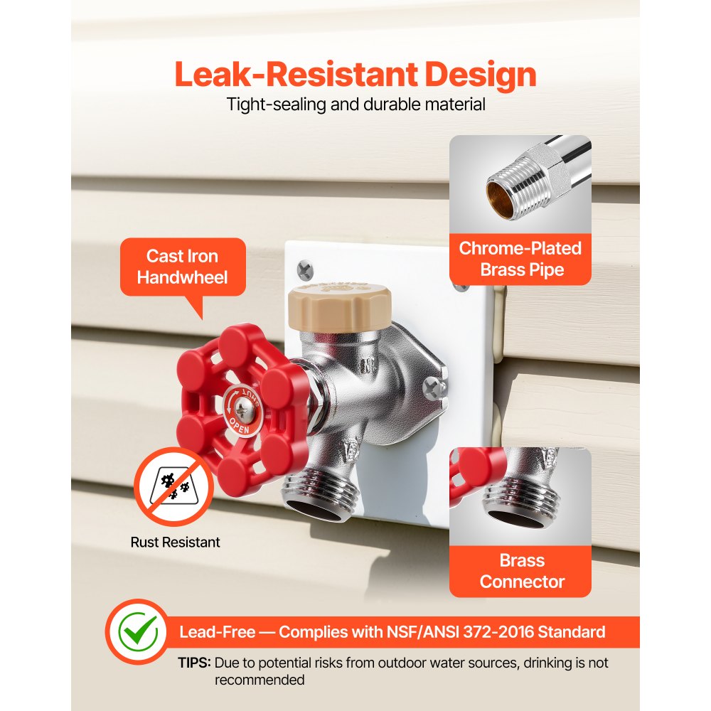 VEVOR Anti-Siphon Frost-Proof Sillcock, 12" Freeze Proof Outdoor Faucet Bib with Backflow Preventer, 1/2" Push-to-Fit