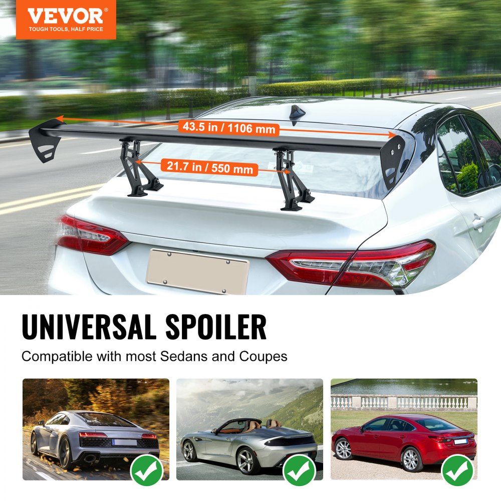 VEVOR GT Wing Car Spoiler, 43.3 inch Universal Spoiler with Single Deck, Adjustable Lightweight Aluminum, Car Rear