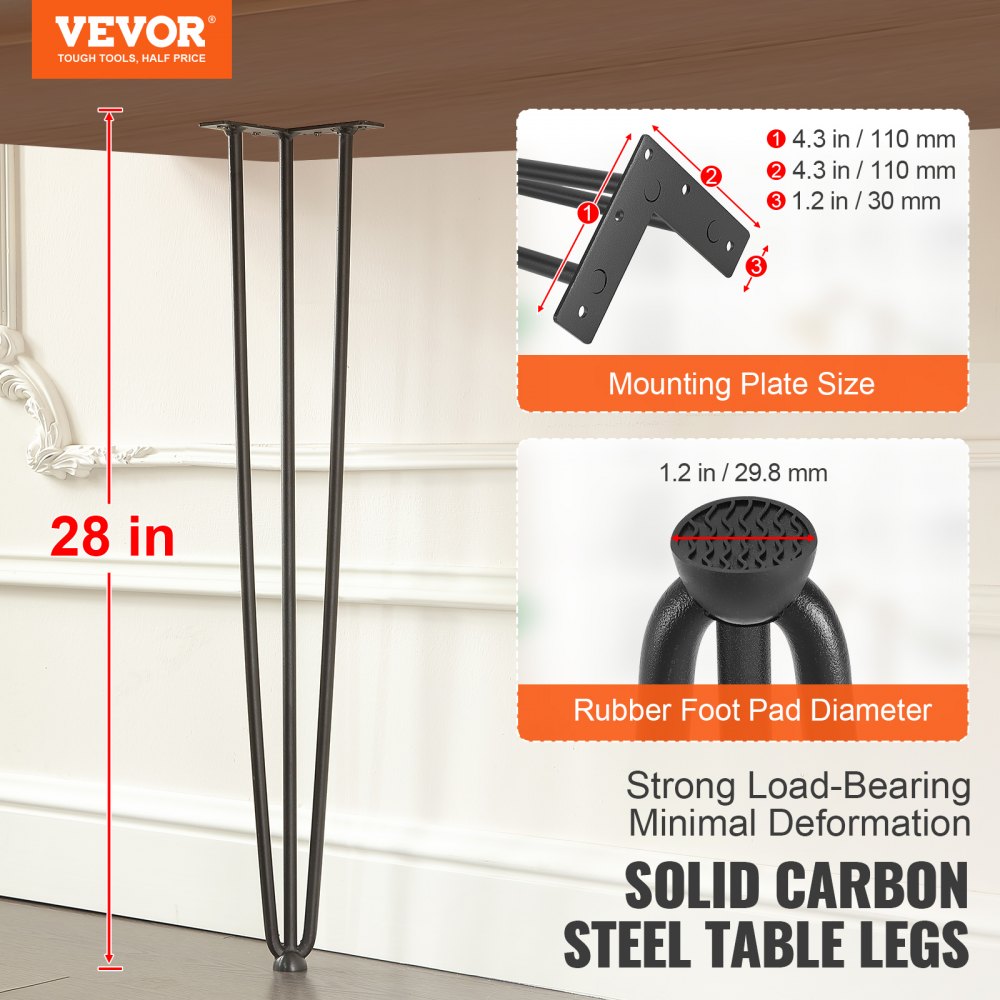 VEVOR Hairpin Table Legs 28", Set of 4 Desk Legs 900lbs Load Capacity, Hairpin Desk Legs 3 Rods for Desk Chairs Bench