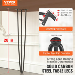 VEVOR Hairpin Table Legs 28", Set of 4 Desk Legs 900lbs Load Capacity, Hairpin Desk Legs 3 Rods for Desk Chairs Bench