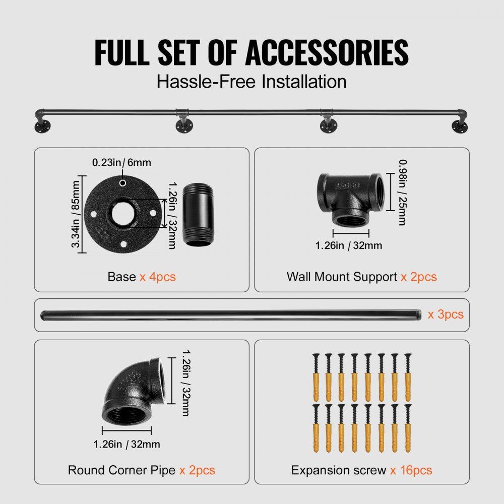 VEVOR Pipe Stair Handrail, 10FT Staircase Handrail, 440LBS Load Capacity Carbon Steel Pipe Handrail, Industrial Pipe