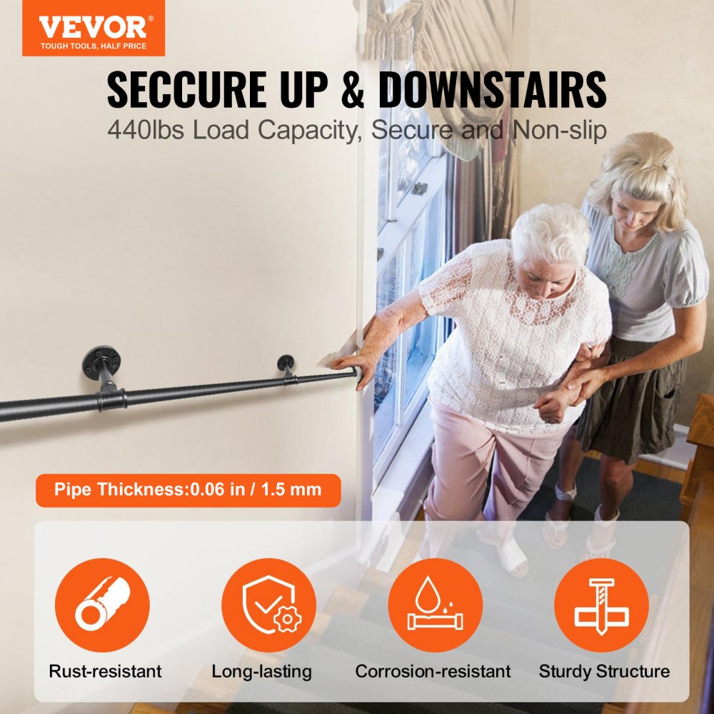 VEVOR Pipe Stair Handrail, 13FT Staircase Handrail, 440LBS Load Capacity Carbon Steel Pipe Handrail, Industrial Pipe