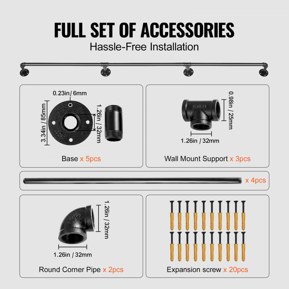 VEVOR Pipe Stair Handrail, 13FT Staircase Handrail, 440LBS Load Capacity Carbon Steel Pipe Handrail, Industrial Pipe