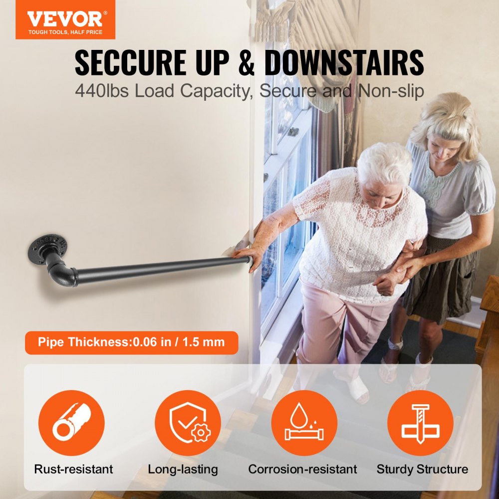 VEVOR Pipe Stair Handrail, 2FT Staircase Handrail, 440LBS Load Capacity Carbon Steel Pipe Handrail, Industrial Pipe