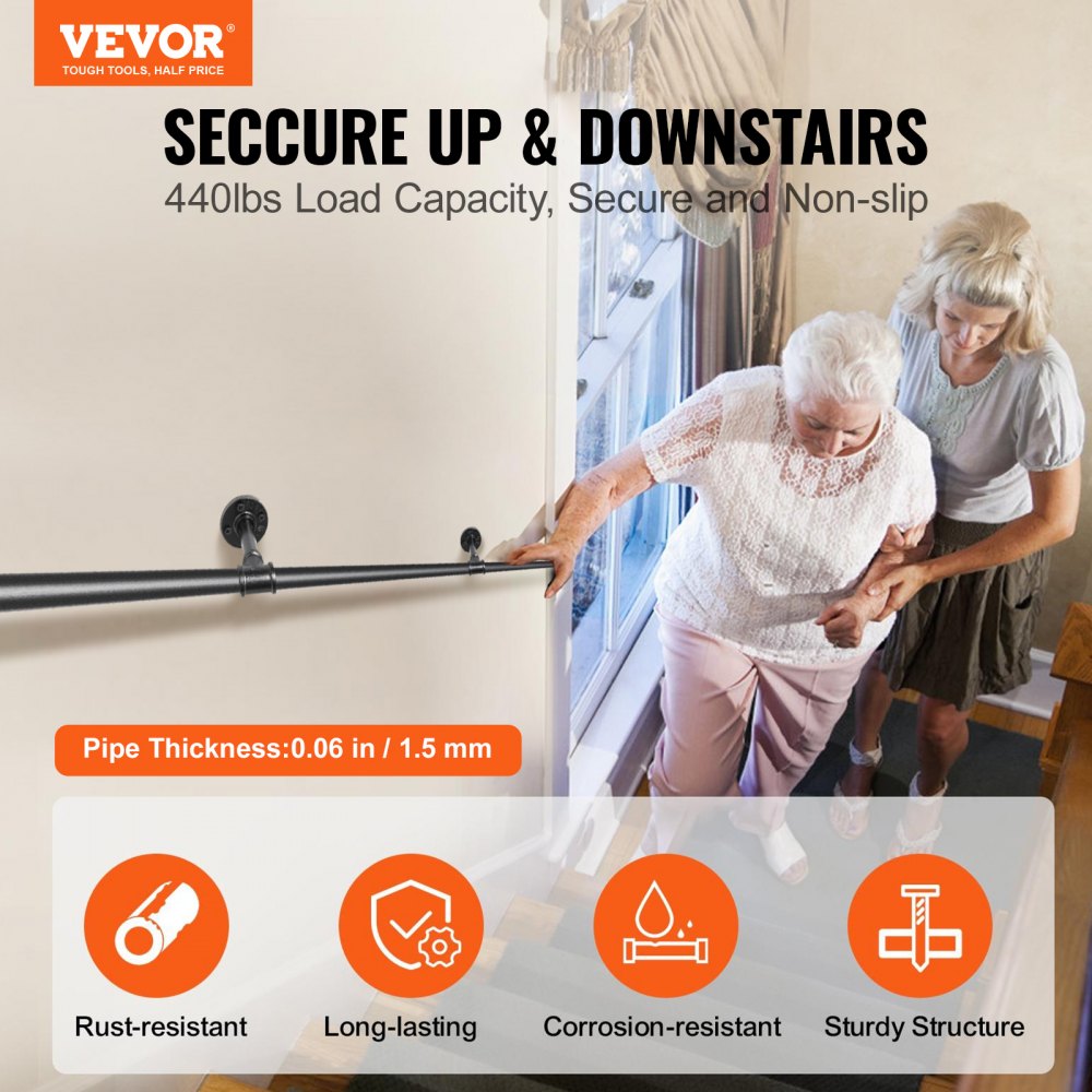 VEVOR Pipe Stair Handrail, 8FT Staircase Handrail, 440LBS Load Capacity Carbon Steel Pipe Handrail, Industrial Pipe
