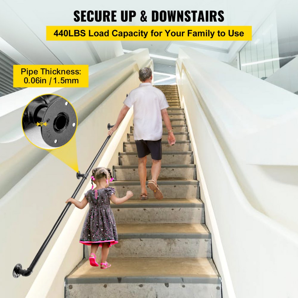 VEVOR Pipe Stair Handrail, 9FT Staircase Handrail, 440LBS Load Capacity Carbon Steel Pipe Handrail, Industrial Pipe