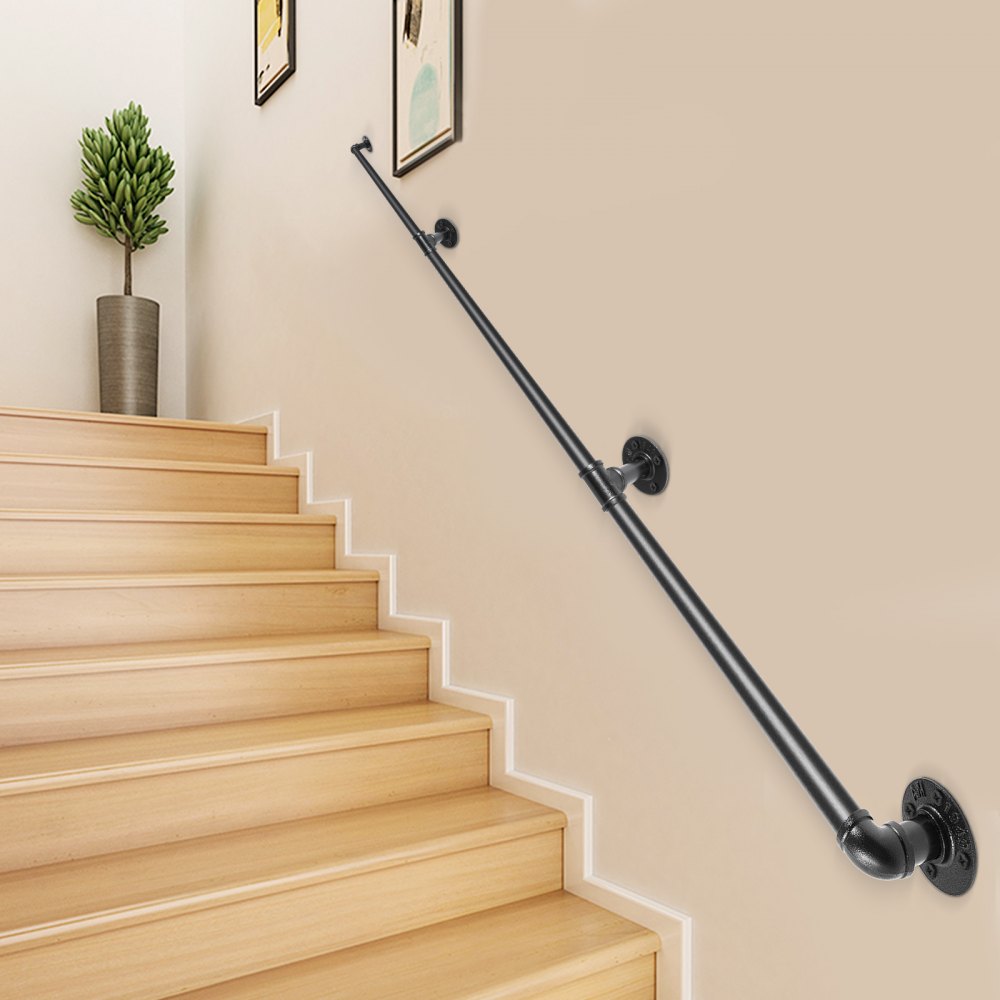 VEVOR Pipe Stair Handrail, 9FT Staircase Handrail, 440LBS Load Capacity Carbon Steel Pipe Handrail, Industrial Pipe