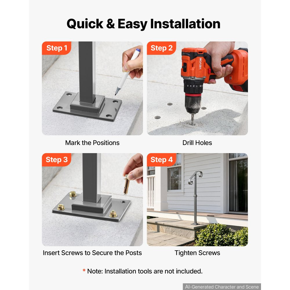 VEVOR Handrails for Outdoor Steps, 1-2 Step Single-Post Stair Hand Rail Kit, Gray Stair Rails for Seniors, Concrete
