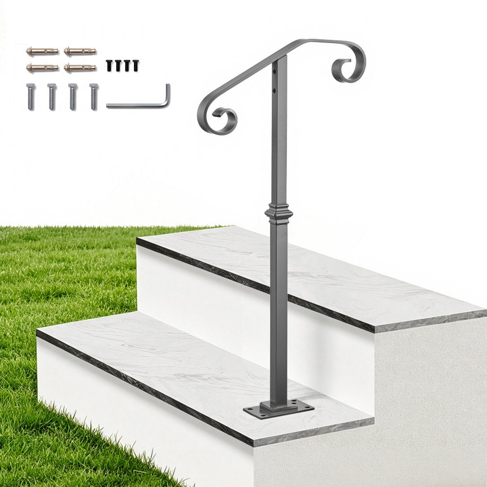 VEVOR Handrails for Outdoor Steps, 1-2 Step Single-Post Stair Hand Rail Kit, Gray Stair Rails for Seniors, Concrete