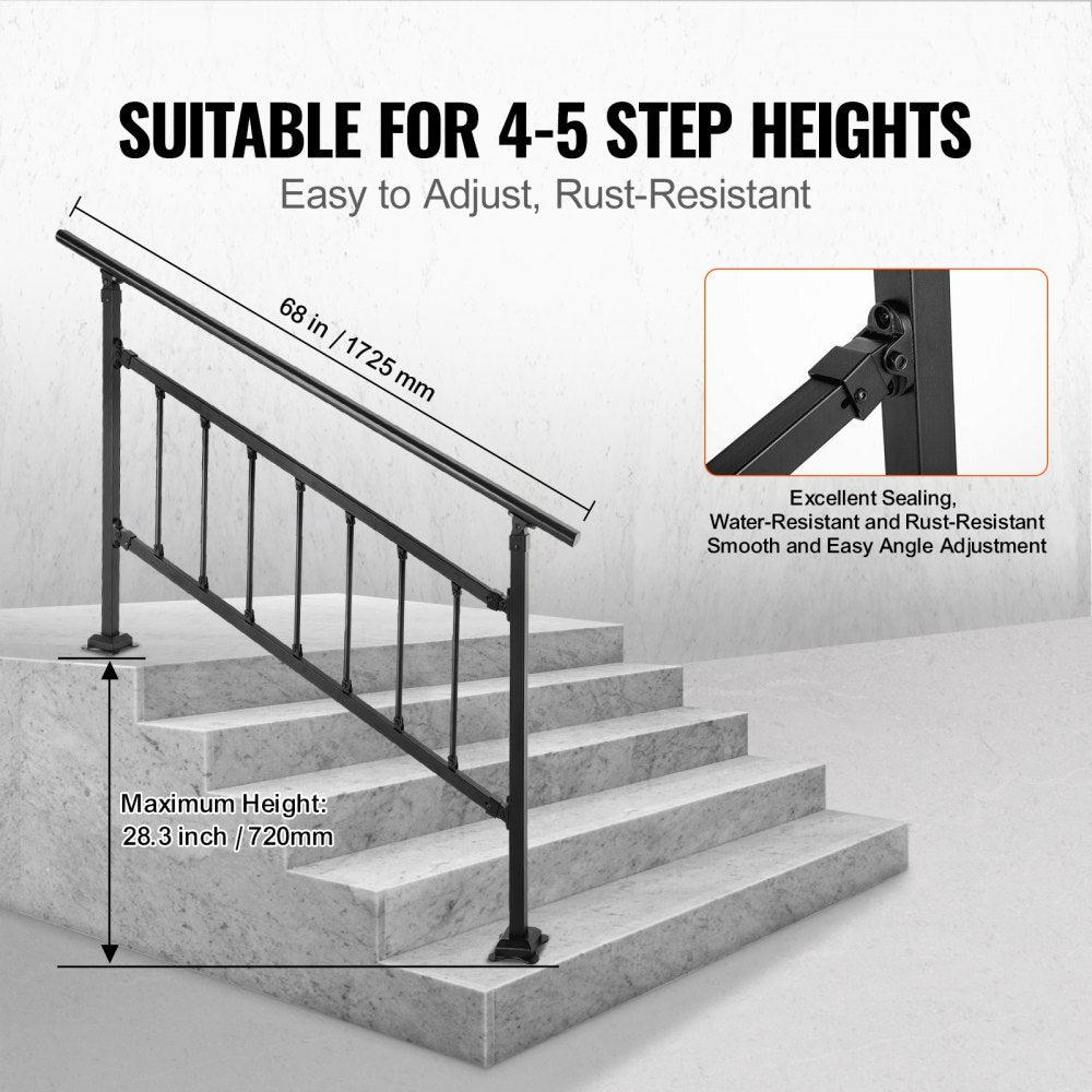 VEVOR Outdoor Stair Railing, Fits for 1-5 Steps Transitional Wrought Iron Handrail, Adjustable Exterior Stair Railing