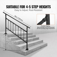 VEVOR Outdoor Stair Railing, Fits for 1-5 Steps Transitional Wrought Iron Handrail, Adjustable Exterior Stair Railing