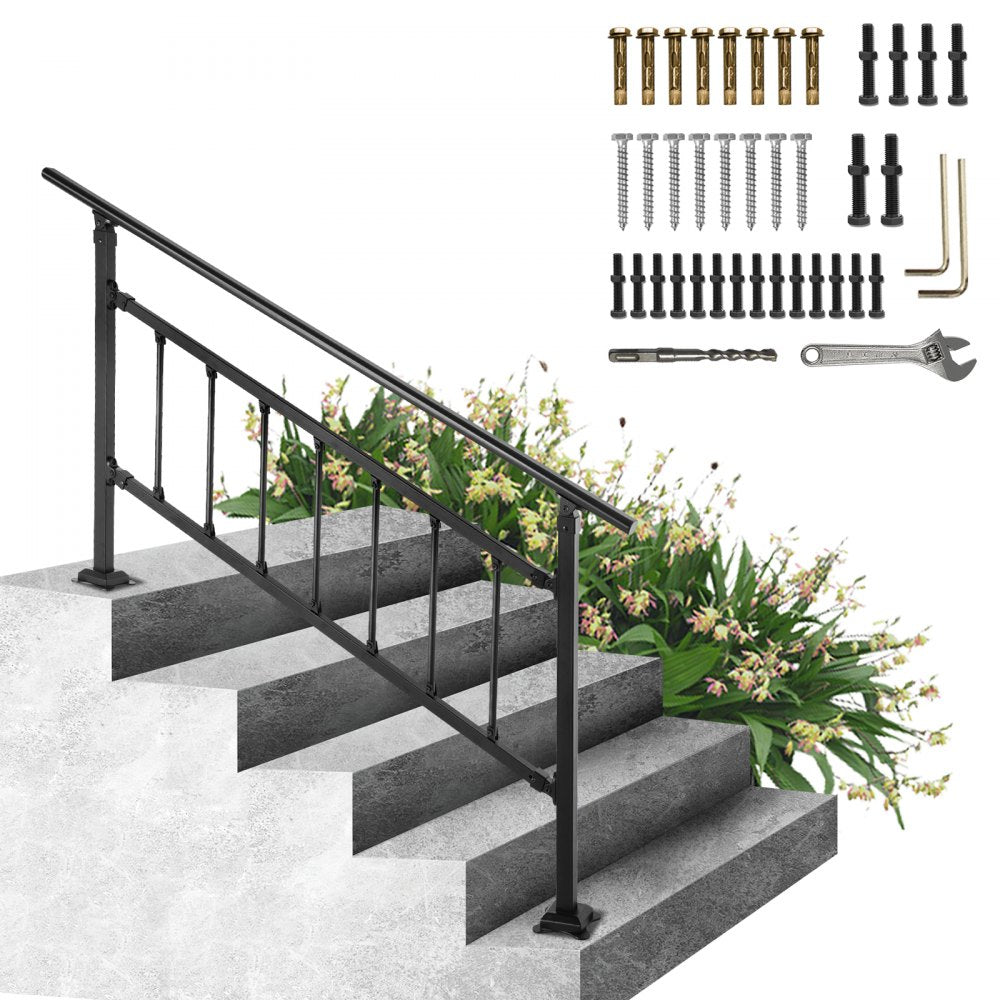 VEVOR Outdoor Stair Railing, Fits for 1-5 Steps Transitional Wrought Iron Handrail, Adjustable Exterior Stair Railing