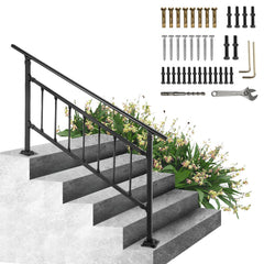 VEVOR Outdoor Stair Railing, Fits for 1-5 Steps Transitional Wrought Iron Handrail, Adjustable Exterior Stair Railing