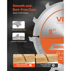 VEVOR Dado Blade Set, 8 inch Diameter, 12 Sharp Alloy Teeth, 5/8 inch Arbor, Fine Finish, Stacking Dado Blades with