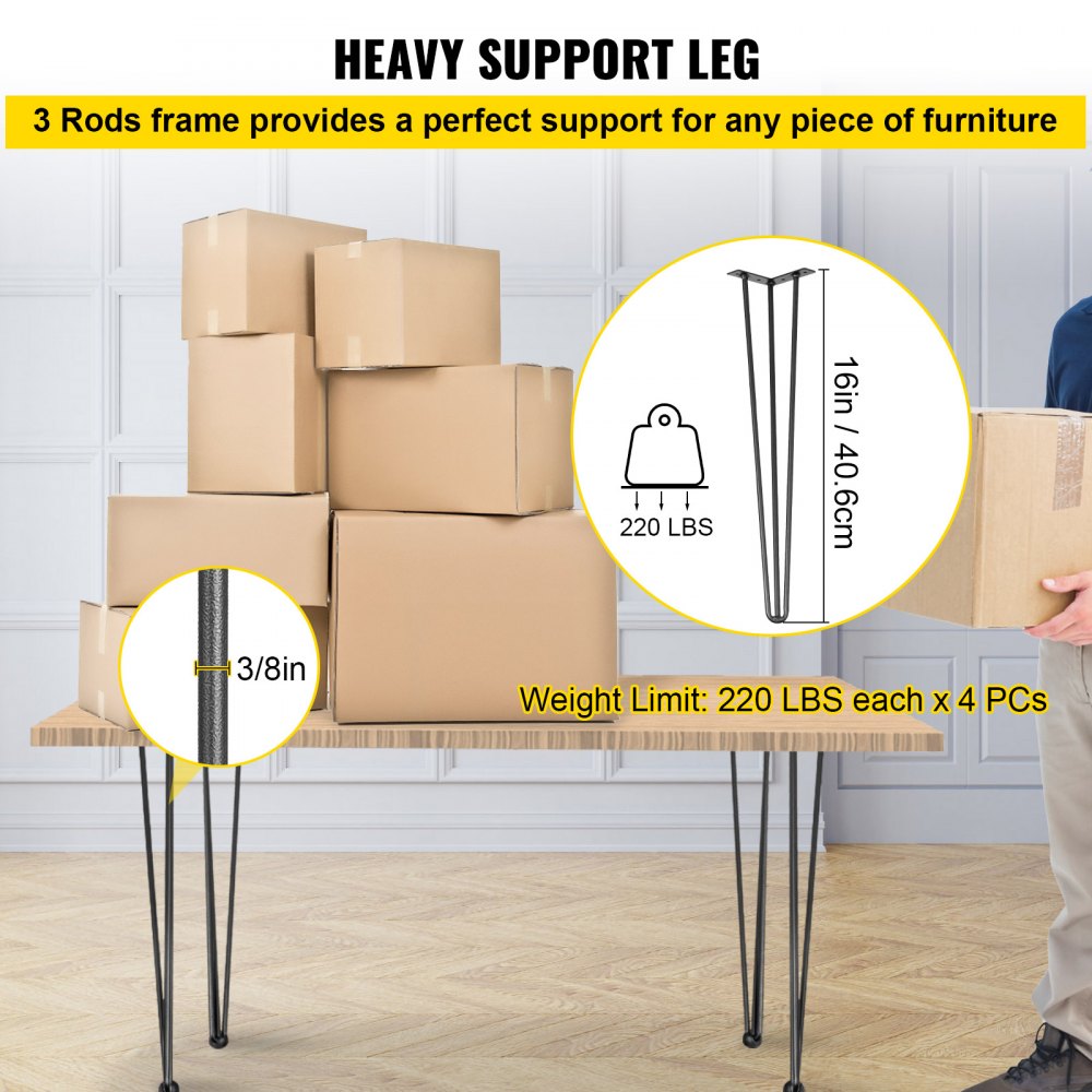 VEVOR Hairpin Table Legs 16" Black Set of 4 Desk Legs 880lbs Load Capacity (Each 220lbs) Hairpin Desk Legs 3 Rods for