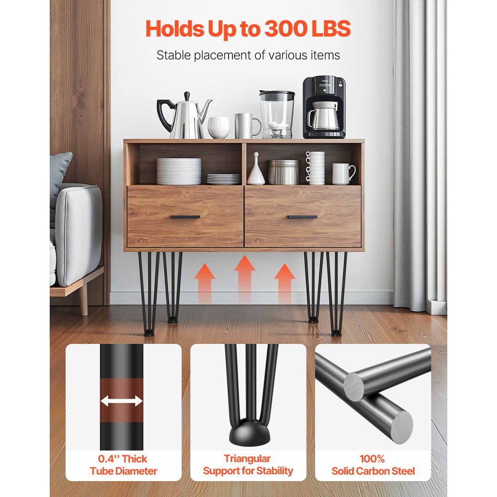 VEVOR Hairpin Table Legs 20" Black Set of 4 Desk Legs 880lbs Load Capacity (Each 220lbs) Hairpin Desk Legs 3 Rods for