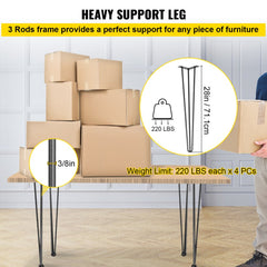VEVOR Hairpin Table Legs 28" Black Set of 4 Desk Legs 880lbs Load Capacity (Each 220lbs) Hairpin Desk Legs 3 Rods for