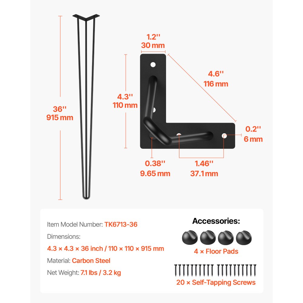 VEVOR Hairpin Table Legs 36 in Black Set of 4 Desk Legs 220 lbs Load Capacity Each Leg Hairpin Desk Legs 3 Rods for