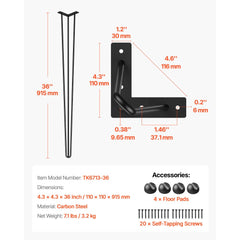 VEVOR Hairpin Table Legs 36 in Black Set of 4 Desk Legs 220 lbs Load Capacity Each Leg Hairpin Desk Legs 3 Rods for