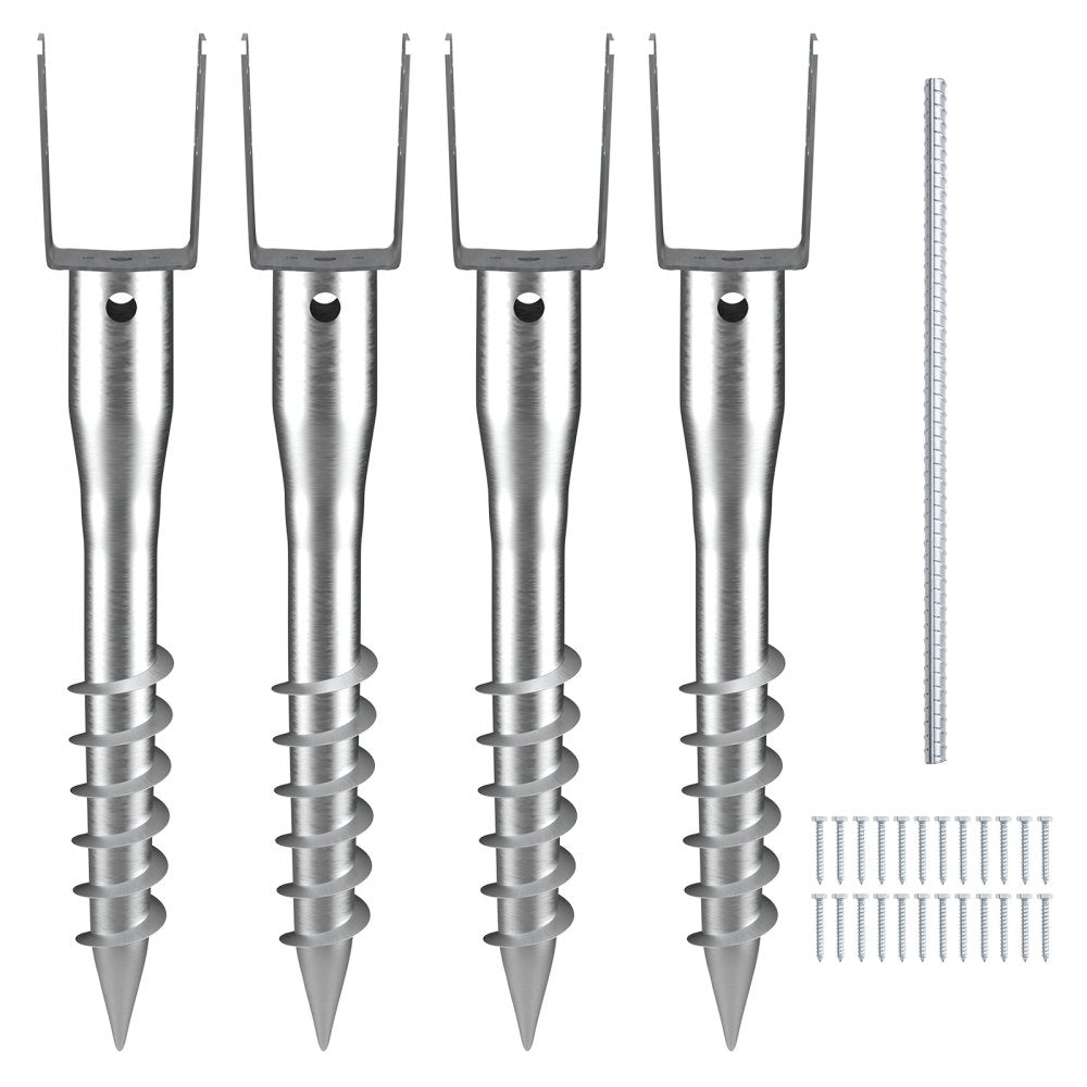 VEVOR No Dig Ground Anchor, 4 Pack 3.94 x 2.76 x 27.56 in DIY Screw in Post Stake, Includes 6 Lag Bolts & a Rebar