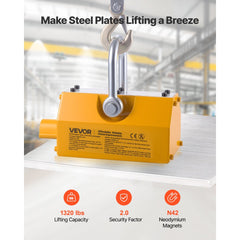 VEVOR Permanent Magnetic Lifter, 1320 lbs Pulling Capacity, Heavy Duty N42 Neodymium Lifting Magnet with Release Handle