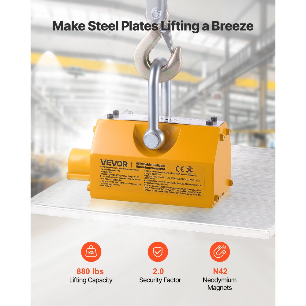 VEVOR Permanent Magnetic Lifter, 880 lbs Pulling Capacity, Heavy Duty N42 Neodymium Lifting Magnet with Release Handle