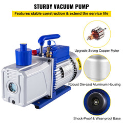 VEVOR Vacuum Pump 12CFM 1HP Vane Vacuum Pump Two Stage 3 x 10-1 Pa Ultimate HVAC Rotary Auto AC Refrigerant Vacuum