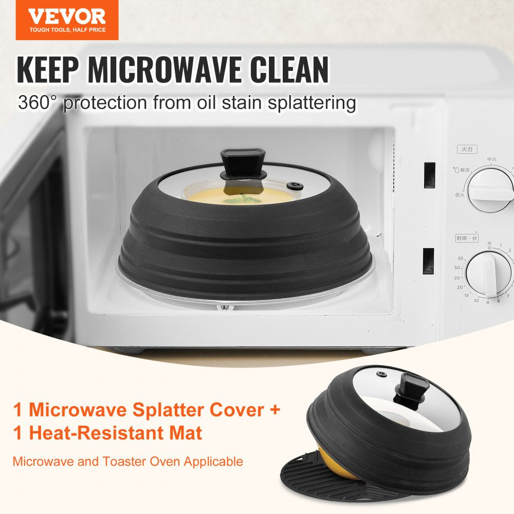 VEVOR Microwave Splatter Cover & Mat, 10.8" Collapsible Microwave Lid for Food, 500°F Heat-Resistant Silicone &