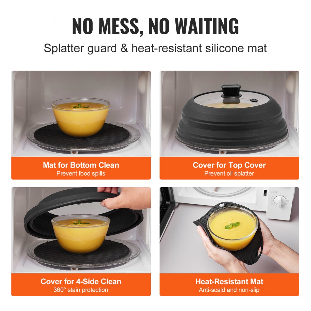 VEVOR Microwave Splatter Cover & Mat, 10.8" Collapsible Microwave Lid for Food, 500°F Heat-Resistant Silicone &