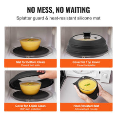 VEVOR Microwave Splatter Cover & Mat, 10.8" Collapsible Microwave Lid for Food, 500°F Heat-Resistant Silicone &