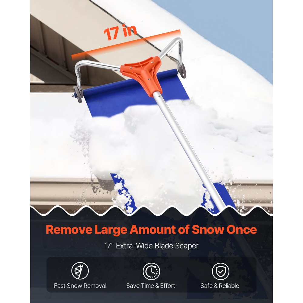 VEVOR Snow Roof Rake, 17 in Aluminum Blade, 4.1-17.2 ft Adjustable Roof Snow Scraper with Wheels & Slide, Lightweight