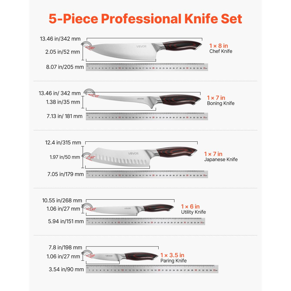 VEVOR Kitchen Knife Set, 5 Piece High Carbon Stainless Steel Sharp Knife Set, Durable and Rust-Resistant, Professional