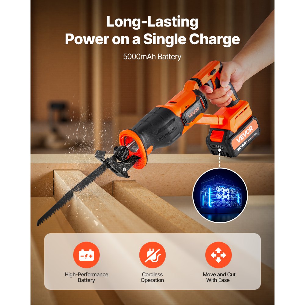 VEVOR Cordless Reciprocating Saw, 20 V, 3000 SPM Variable Speed, 1 inch Stroke Length, Electric Reciprocating Saw with