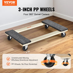 VEVOR Furniture Dolly, 1000 lbs Load Capacity, 18" x 30", 4 x 3" PP Swivel Casters, Heavy Duty Hardwood Furniture
