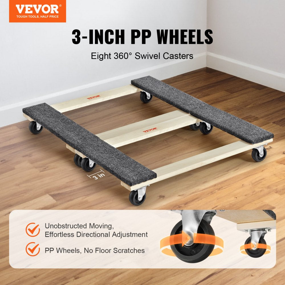 VEVOR Furniture Dolly, 1000 lbs Each Load Capacity, 2 Packs, 18" x 30", 8 x 3" PP Swivel Casters, Heavy Duty Hardwood