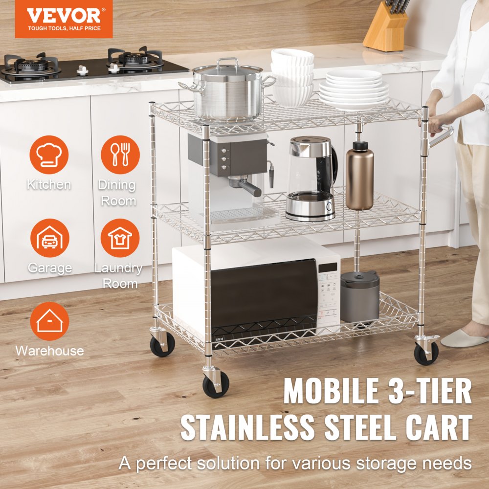 VEVOR Kitchen Utility Cart, 3 Tiers, Wire Rolling Cart with 661LBS Capacity, Steel Service Cart on Wheels, Metal