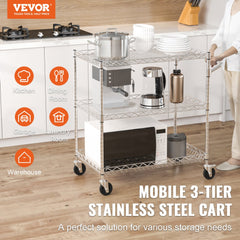 VEVOR Kitchen Utility Cart, 3 Tiers, Wire Rolling Cart with 661LBS Capacity, Steel Service Cart on Wheels, Metal