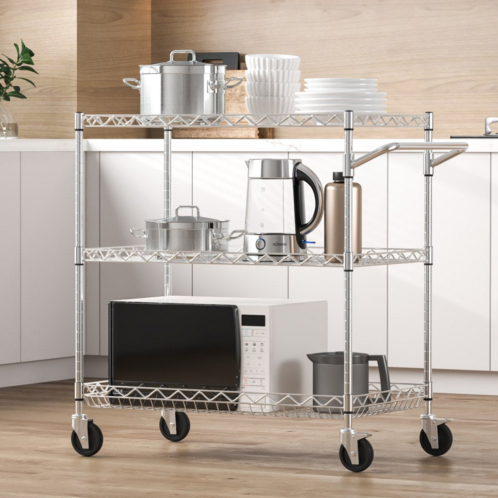 VEVOR Kitchen Utility Cart, 3 Tiers, Wire Rolling Cart with 661LBS Capacity, Steel Service Cart on Wheels, Metal