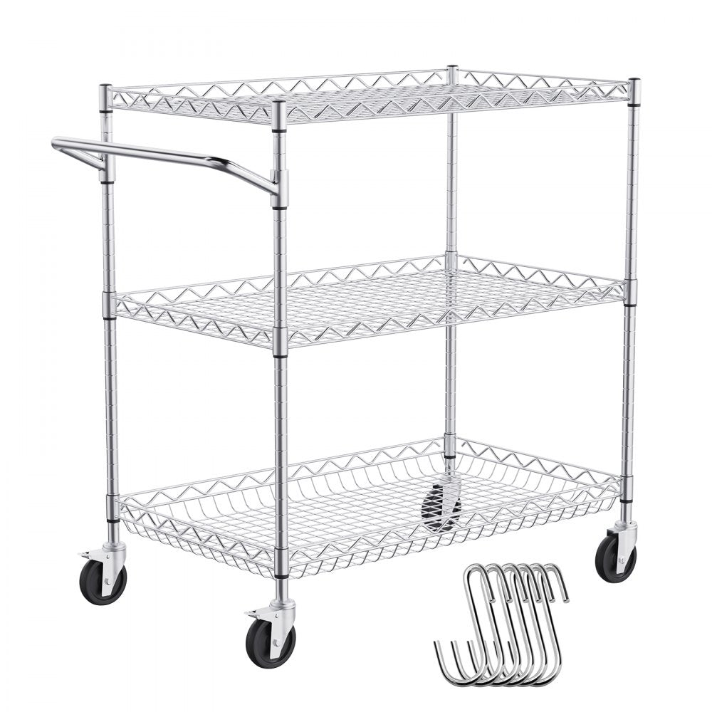 VEVOR Kitchen Utility Cart, 3 Tiers, Wire Rolling Cart with 661LBS Capacity, Steel Service Cart on Wheels, Metal