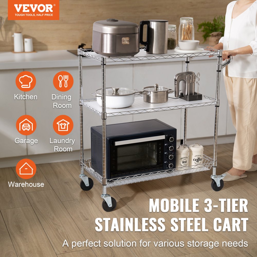 VEVOR Kitchen Utility Cart, 3 Tiers, Wire Rolling Cart with 661LBS Capacity, Steel Service Cart on Wheels, Metal