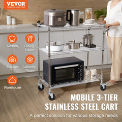 VEVOR Kitchen Utility Cart, 3 Tiers, Wire Rolling Cart with 661LBS Capacity, Steel Service Cart on Wheels, Metal