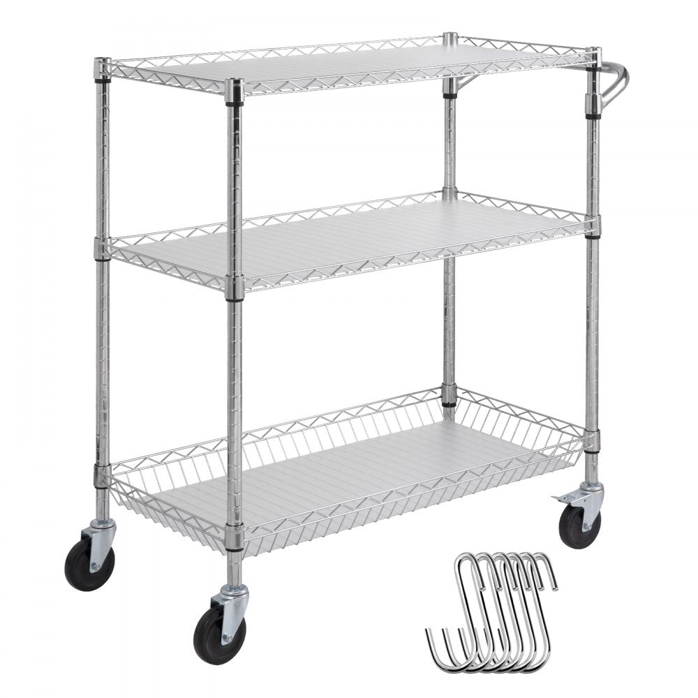 VEVOR Kitchen Utility Cart, 3 Tiers, Wire Rolling Cart with 661LBS Capacity, Steel Service Cart on Wheels, Metal